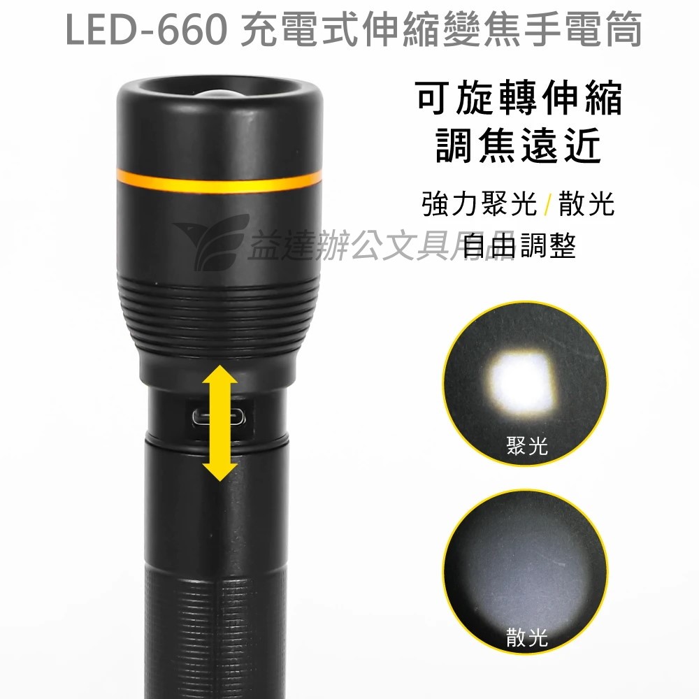 KINYO  充電式伸縮變焦手電筒 〔LED-660〕